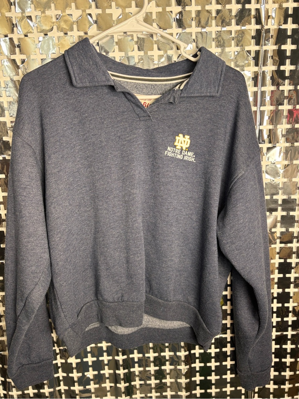 League Navy Heathered Crewneck with Gold Notre Dame Logo